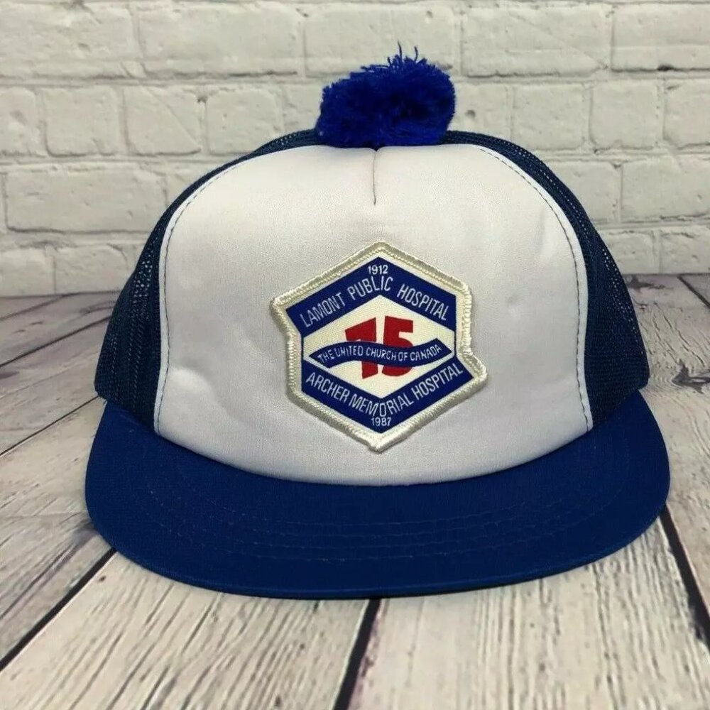 Vintage Trucker Hat Cap Snapback Blue White Lamont Public Hospital 75th Mesh POM